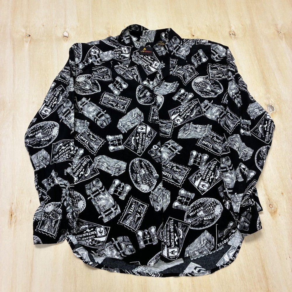Vintage Liz Sport Blouse Womens Petite M Black Travel Print Button Long Sleeve